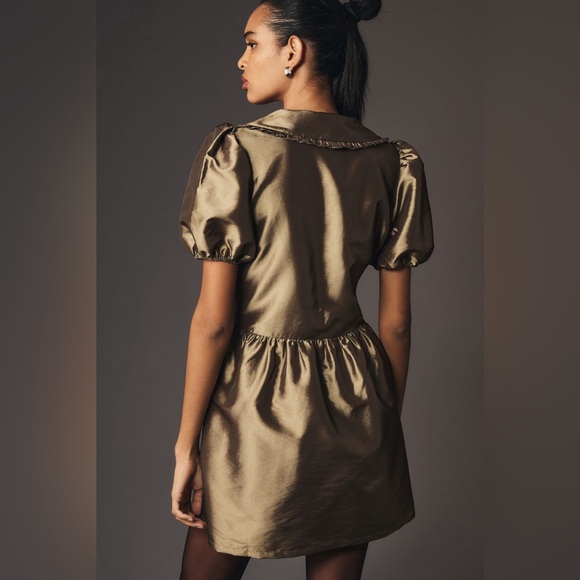 ✨ Anthropologie Short-Sleeve Collared Taffeta Mini Dress Sz L - Picture 2 of 6